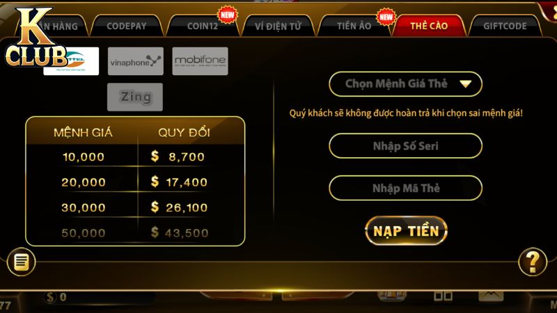 Hướng dẫn nạp tiền Kclub bằng thẻ cào điện thoại đơn giản